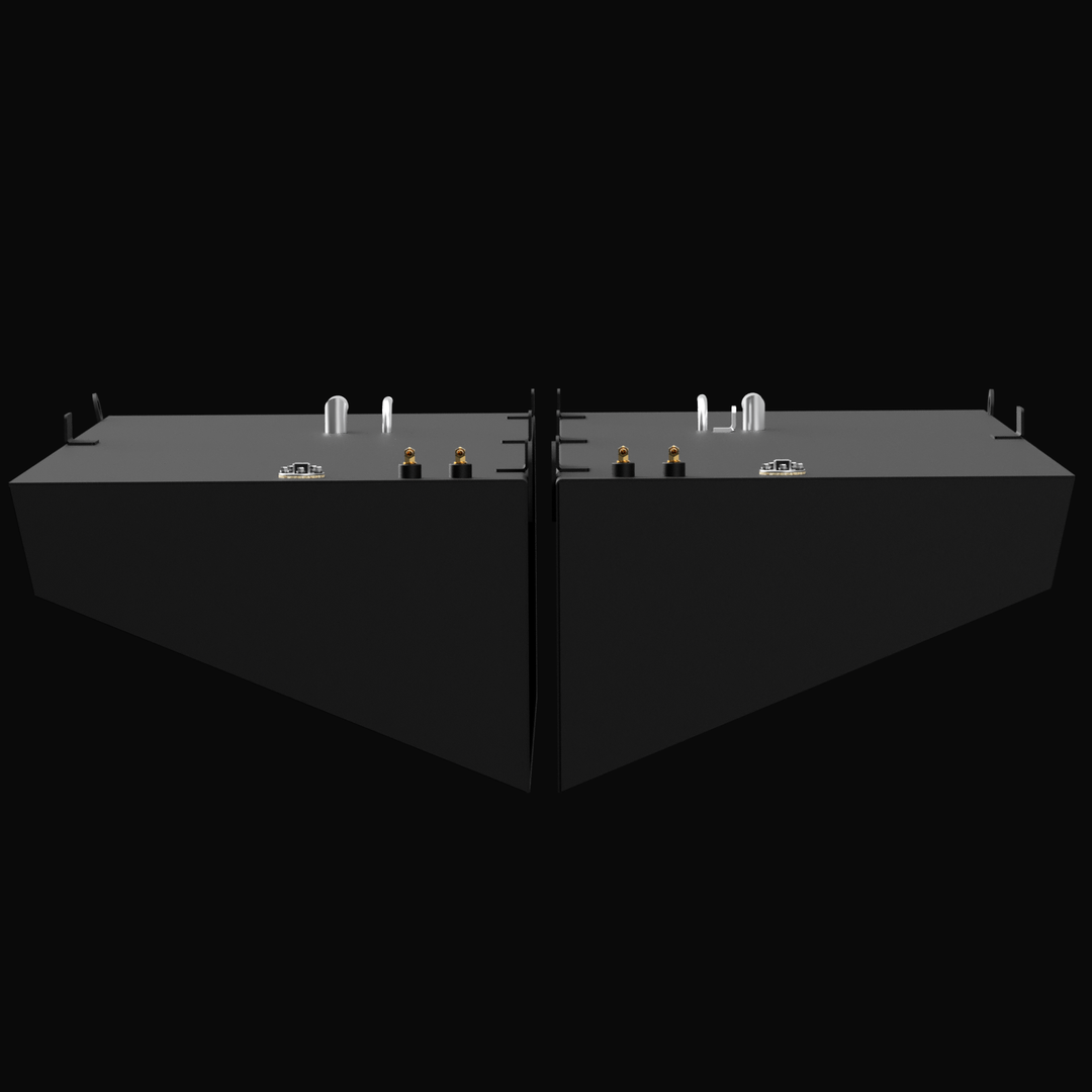 3D rendering of two large rectangular marine fuel tanks side-by-side on a black background. Tanks are dark gray with beveled fronts, showing various fittings on top including vents, fuel fills, sending units, and welded mounting tabs