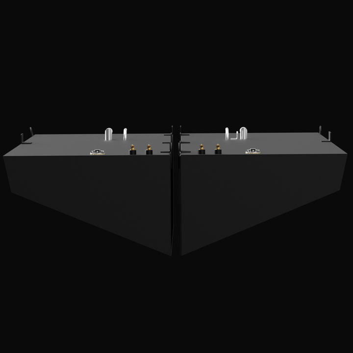 3D rendering of two large rectangular marine fuel tanks side-by-side on a black background. Tanks are dark gray with beveled fronts, showing various fittings on top including vents, fuel fills, sending units, and welded mounting tabs