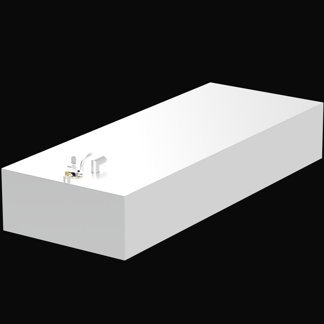 A 3D render of a long, rectangular, white boat fuel tank, shown at an angle, with a cluster of silver and brass-colored fittings on the top surface, against a black background.