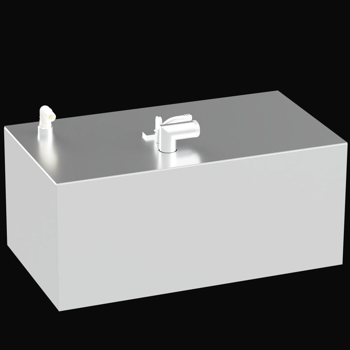 A 3D render of a rectangular, white boat water tank, shown at an angle, with various white and silver-colored fittings on its reflective top surface, against a black background.