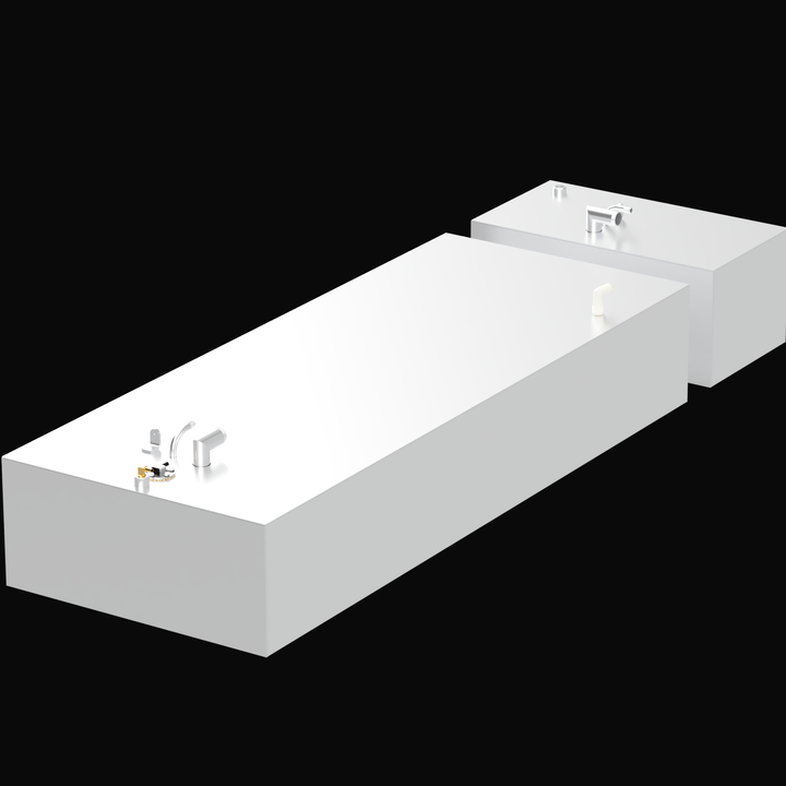  digital 3D rendering of two rectangular tanks, one larger and one smaller, with white surfaces and various plumbing fixtures on top. The tanks are labeled for a Seacraft 23' 1973, with a capacity of 97 gallons for fuel and 20 gallons for water. The background is black