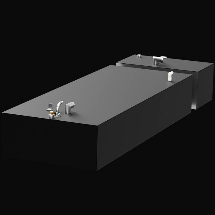 A 3D render of a SeaCraft 23' 1978 OEM replacement 97-gallon fuel tank and 20-gallon water tank combo. The dark grey tanks are shown angled, with various fittings on top, against a black background.
