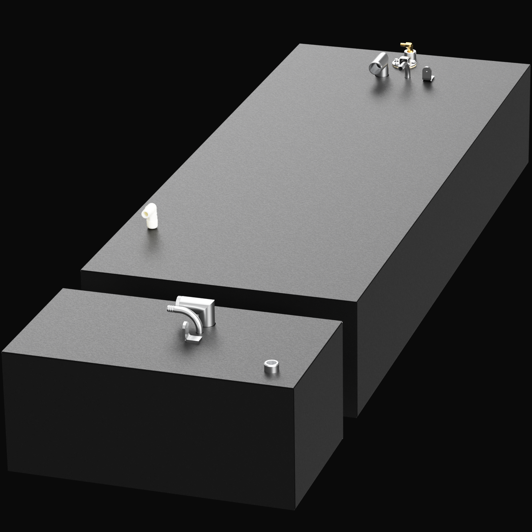 A 3D rendering of two rectangular tanks, one larger and one smaller, labeled for a Seacraft 23' 1973. The larger tank has a capacity of 97 gallons for fuel, and the smaller tank has a capacity of 20 gallons for water. The tanks are black with metal fittings, pipes, and valves on top, set against a black background