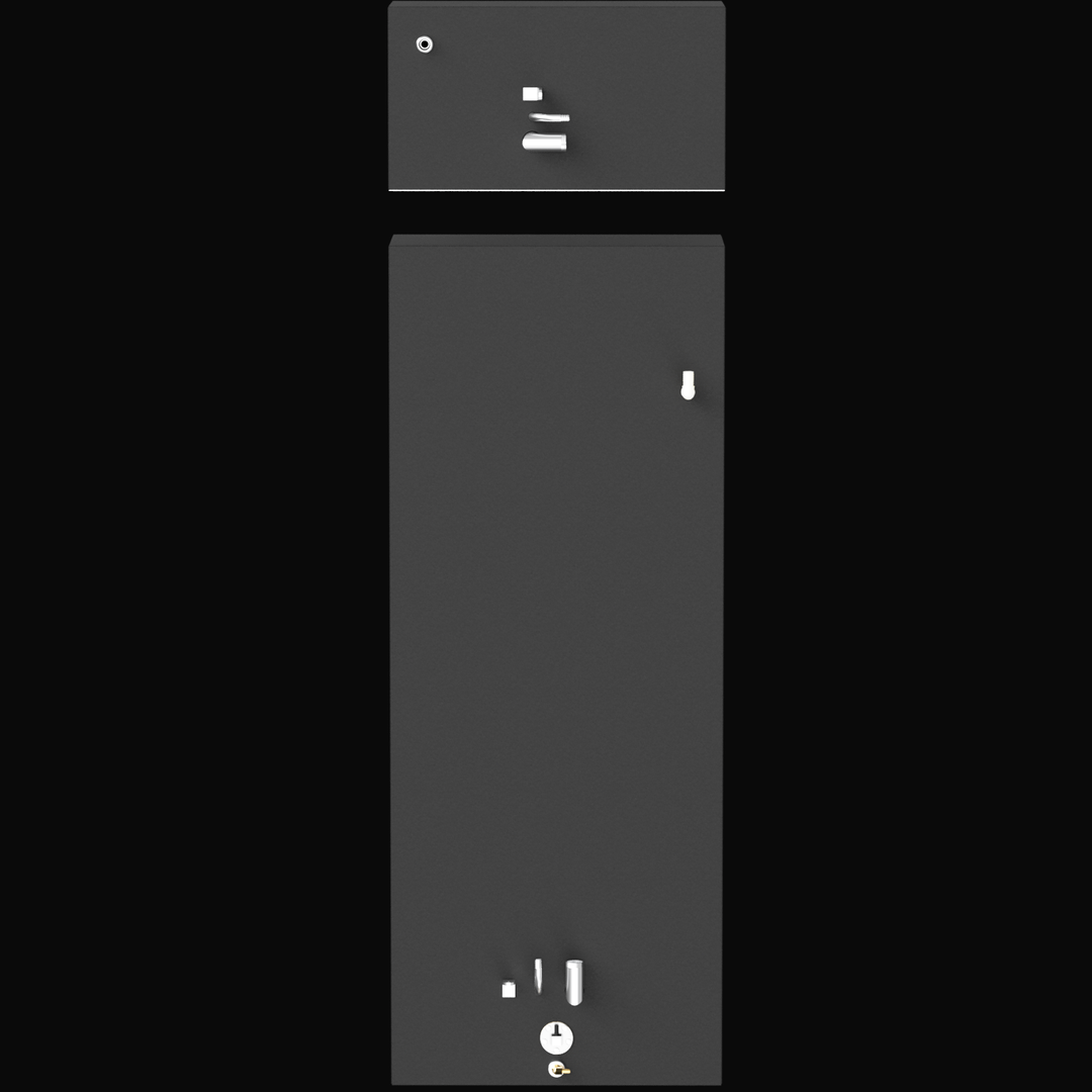 Alt text: A vertical, rectangular, dark gray panel with various small white components and fittings. The top section has a small circular opening and a few small square and rectangular fittings. The middle section features a larger white handle or valve on the right side. The bottom section has a small circular gauge or dial, a vertical white pipe or handle, and a small circular component with a yellow element