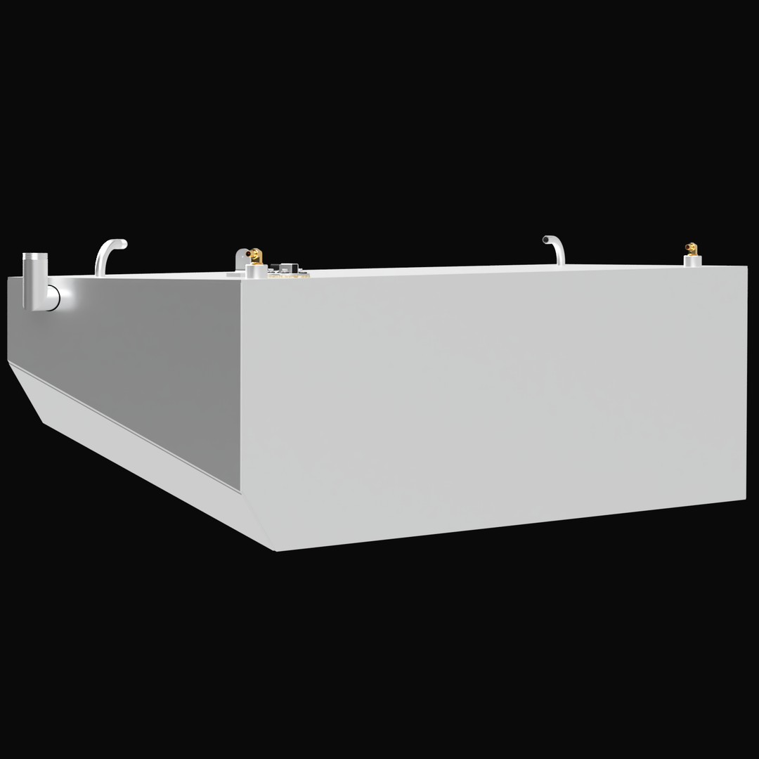 A 3D render of a bright white boat fuel tank, shown at an angle, highlighting its various top-mounted fittings and a large cutout on the bottom of one end, against a black background.