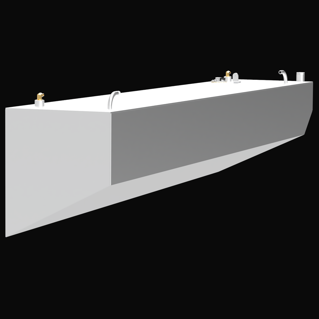 A 3D render showing a low-angle, full-length side profile of a long, white boat fuel tank, detailing its angled bottom and top-mounted fittings against a black background.