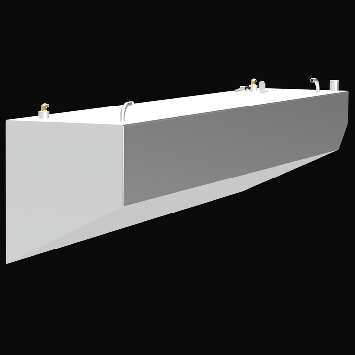 A 3D render showing a low-angle, full-length side profile of a long, white boat fuel tank, detailing its angled bottom and top-mounted fittings against a black background.