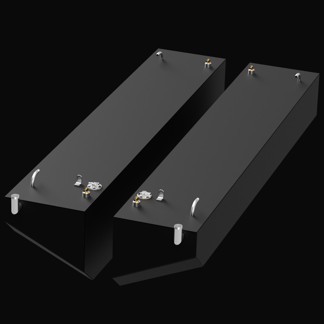 A 3D render of the Combo SeaVee 29' 2002 OEM replacement 75-gallon port and starboard diesel tanks, shown side-by-side. The long, dark grey tanks are displayed at an angle with their various top-mounted fittings, against a black background.