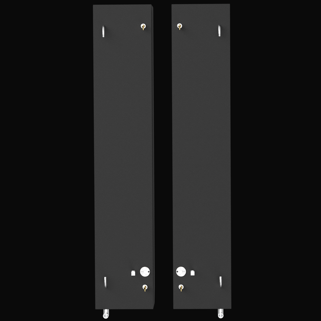 A direct top-down 3D render showing a pair of long, rectangular, dark grey boat fuel tanks side-by-side. Each tank has identical silver and brass-colored fittings, all displayed against a black background.