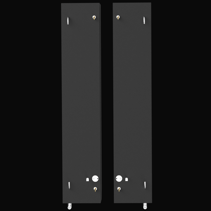 A direct top-down 3D render showing a pair of long, rectangular, dark grey boat fuel tanks side-by-side. Each tank has identical silver and brass-colored fittings, all displayed against a black background.