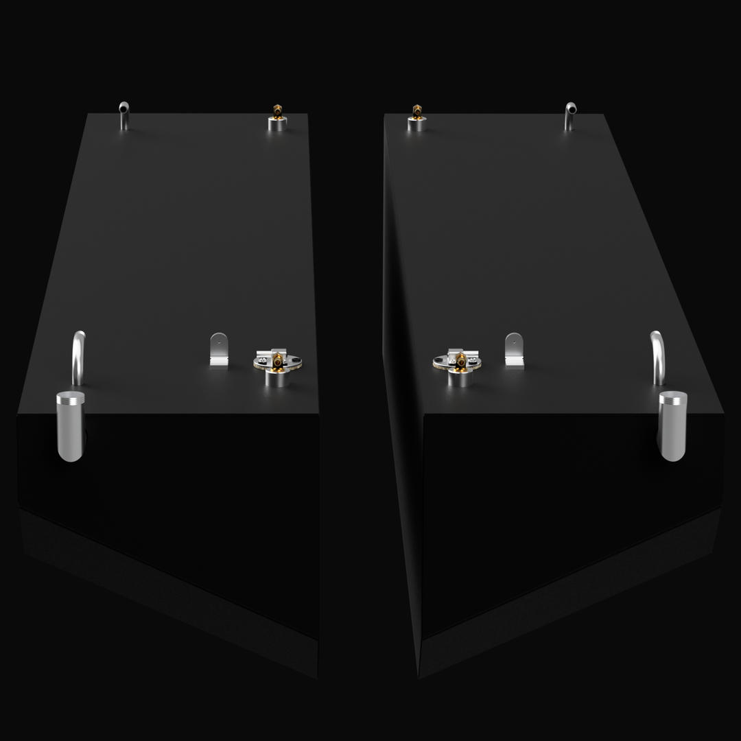 A 3D render showing a pair of identical, dark grey boat fuel tanks side-by-side, angled to show the top and end. Each tank has multiple silver and brass-colored fittings on its top surface, all against a black background.