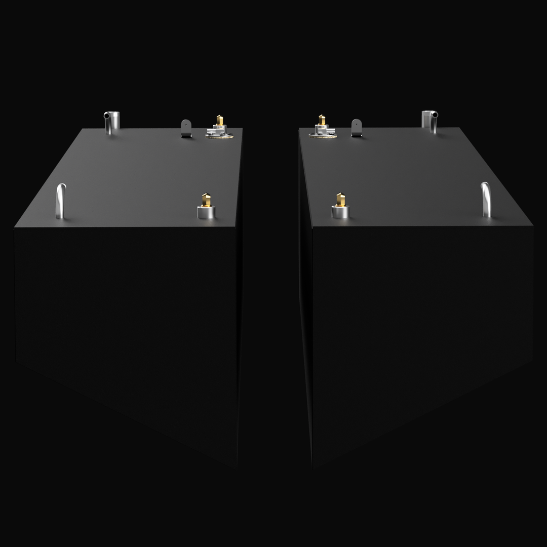 A 3D render of a pair of identical, dark grey boat fuel tanks shown side-by-side from a high-angle view. Each tank features multiple silver and brass-colored fittings on its top surface, all isolated against a black background.