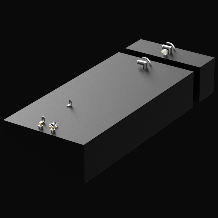 A 3D render showcasing two separate, black rectangular tanks positioned against a dark background. One tank is significantly longer than the other, and both feature various metallic fittings on their top surfaces, characteristic of fluid storage containers.