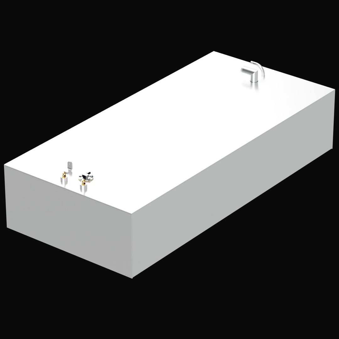 Perspective view of a rectangular, metallic-finish 115-gallon fuel tank designed for a 1990 Concept Marine 21' boat. The image showcases the tank's top surface with various fittings, including a prominent curved fill neck or vent towards one end and a cluster of smaller connections for fuel lines and sender unit at the other.