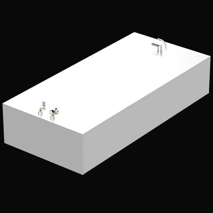 Perspective view of a rectangular, metallic-finish 115-gallon fuel tank designed for a 1990 Concept Marine 21' boat. The image showcases the tank's top surface with various fittings, including a prominent curved fill neck or vent towards one end and a cluster of smaller connections for fuel lines and sender unit at the other.