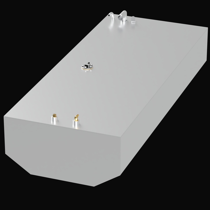 A 3D render of the Contender 21' 1996 88-gallon fuel tank, showing the long, light grey tank with a faceted bottom and three clusters of fittings on its top surface, against a black background.