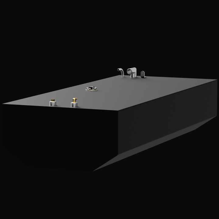A 3D render of a long, dark grey boat fuel tank, shown at an angle, featuring a sloped bottom edge and three distinct clusters of fittings on its top surface, against a black background.