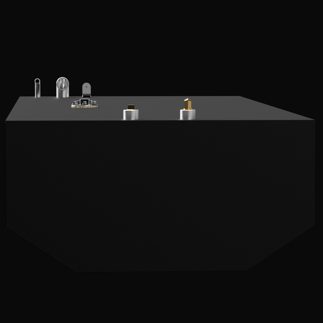 A 3D render showing the profile view of a dark grey boat fuel tank with a V-shaped or faceted bottom. A cluster of silver and brass fittings, including a D-ring and cylindrical cap, is visible on the top edge, against a black background.