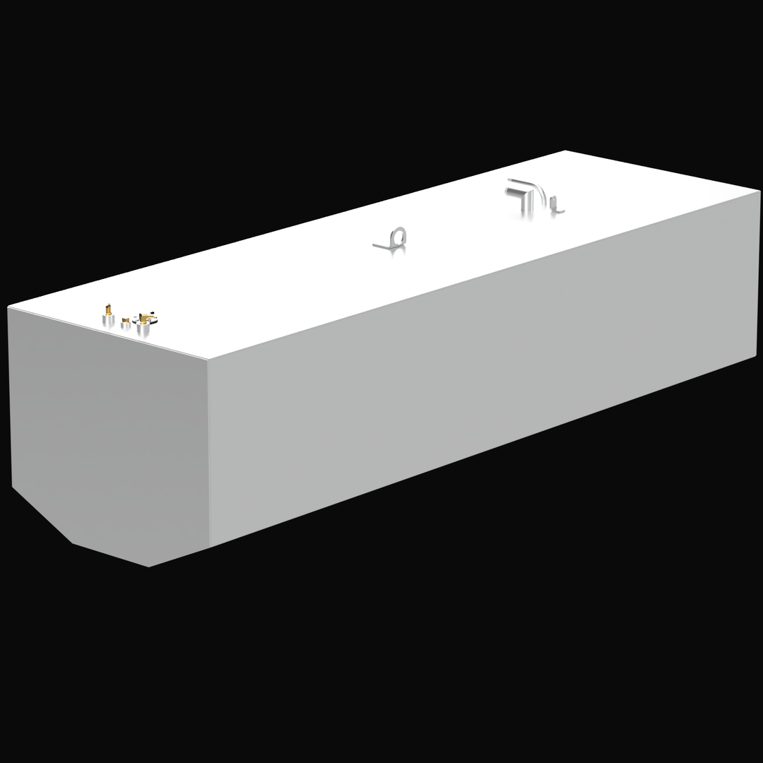 A single large, white rectangular fuel tank with angled corners on one end. The top of the tank features several metallic fittings, including pipes, valves, and mounting loops. The background is black