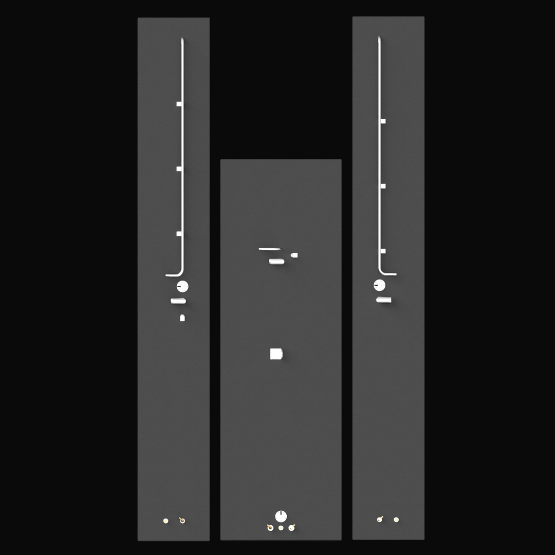 A top-down view of three rectangular fuel tanks arranged side by side against a dark gray background. The left and right tanks are tall and narrow with long horizontal pipes running their lengths and several fittings near the bottom edge. The middle tank is shorter and wider with fittings grouped near the bottom center and some small pipes near the top center. The tanks have a matte black finish, and the fittings are silver and brass