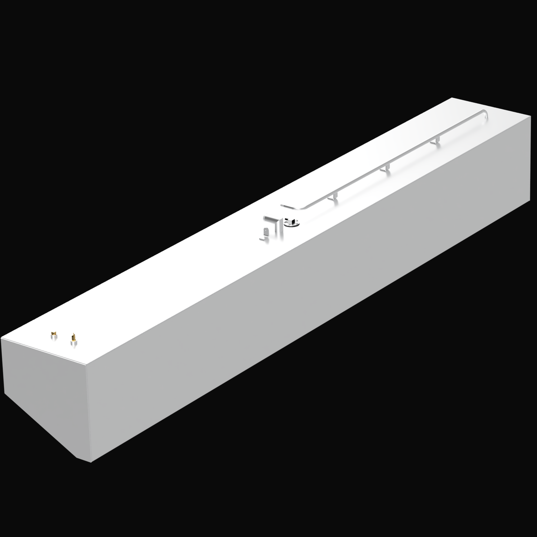 A 3D-rendered image of a large white rectangular fuel tank with an angled corner on one end. The tank has several fittings on top, including a long horizontal pipe with three vertical supports near the far end, two small valve fittings near the near end, and a circular fitting close to the valves. The background is solid black