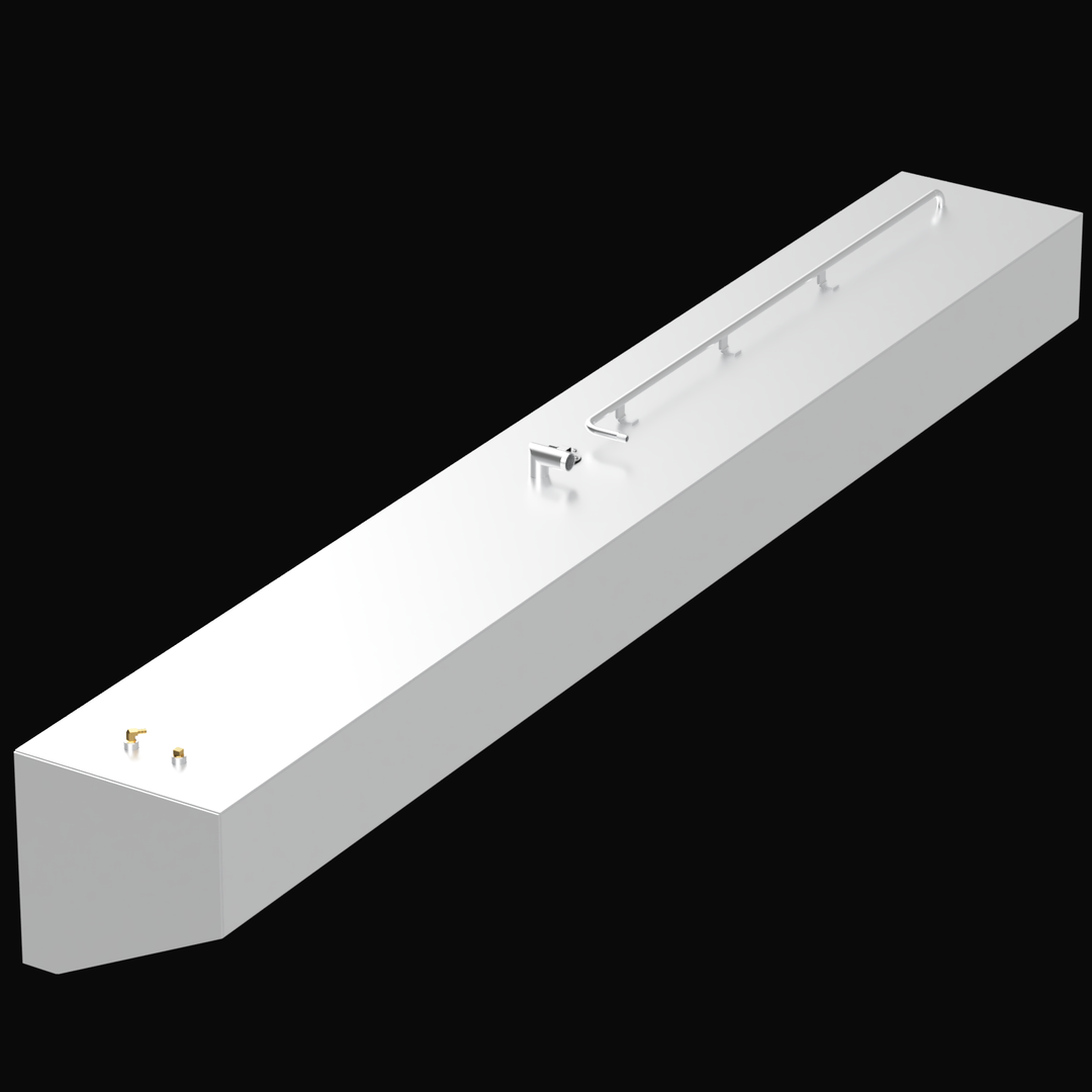 A white, rectangular fuel tank with an angled corner on one end. On the top surface, there are multiple metallic fittings, including a long horizontal pipe with three vertical supports, a pipe fitting near the angled corner, and two smaller valve fittings near the opposite corner. The tank is displayed on a black background