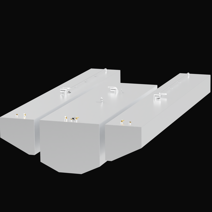 Perspective view of three connected white fuel tanks labeled "Contender 33T Fuel Tank Mod SET(NO WATER + EXTENDED MAIN) 485 gal". Each tank has various metallic fittings, valves, and caps on top, including gold and silver connectors and pipes. The tanks have distinct shapes with flat tops and angled or stepped sides. The background is black