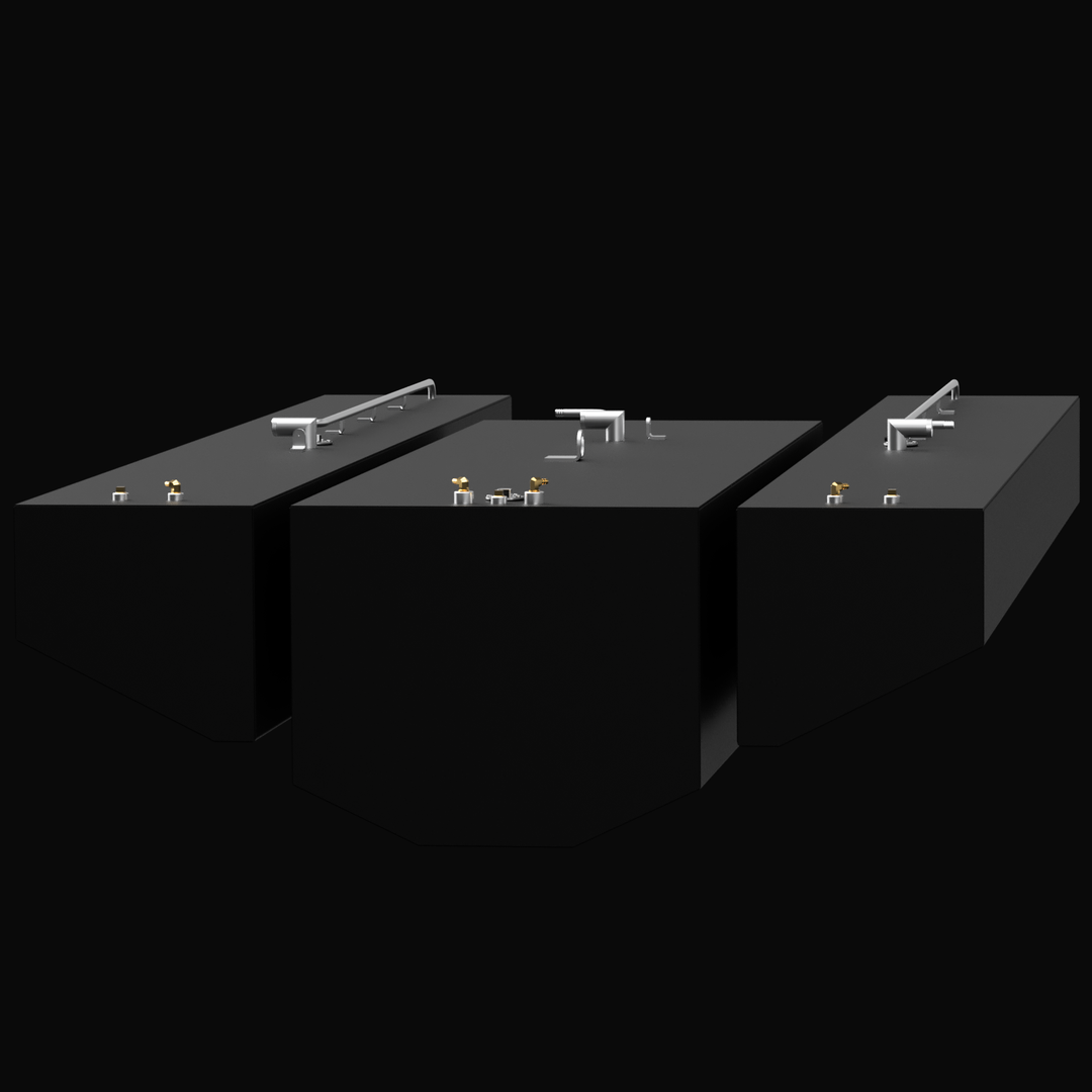 Three black fuel tanks arranged side by side with various metallic fittings, pipes, and handles on top. The tanks have rectangular shapes with angled corners on one end. The background is black