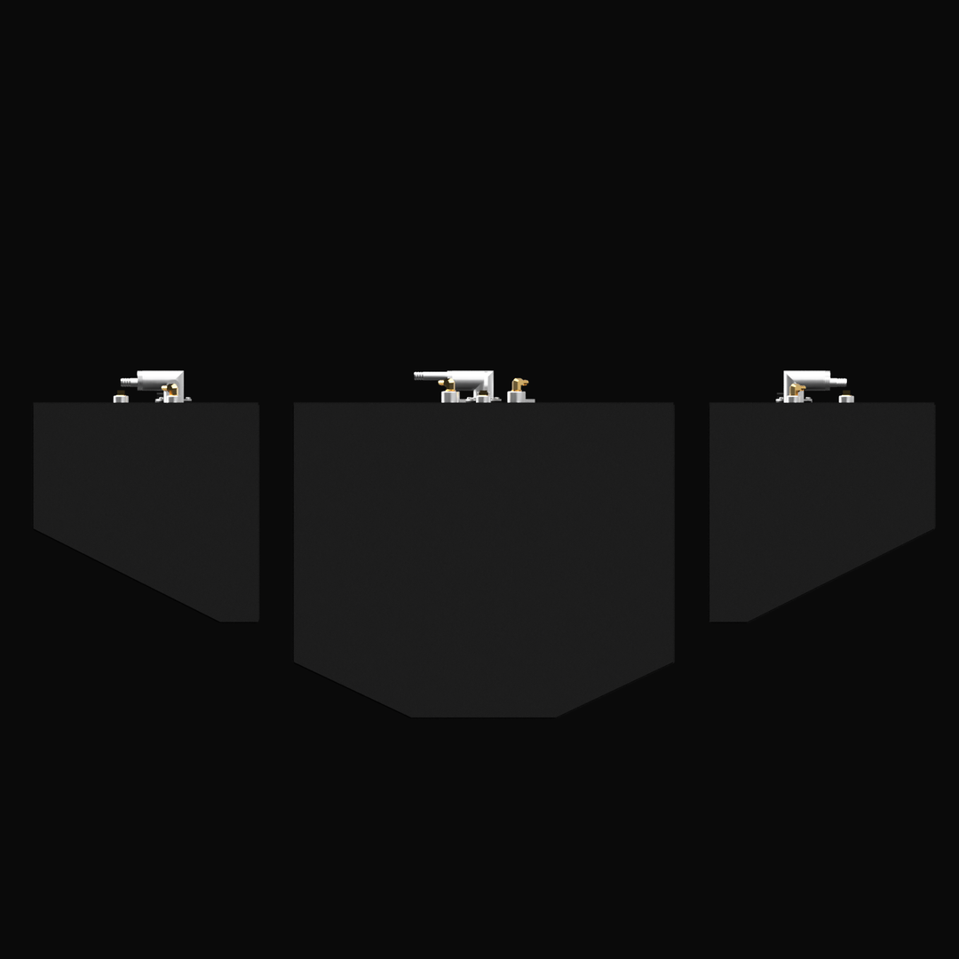 Front view of three black fuel tanks side by side against a black background. The center tank is the largest with an angular front face, and the two side tanks are smaller with angled fronts. Each tank has metallic fittings on the top near the front edge