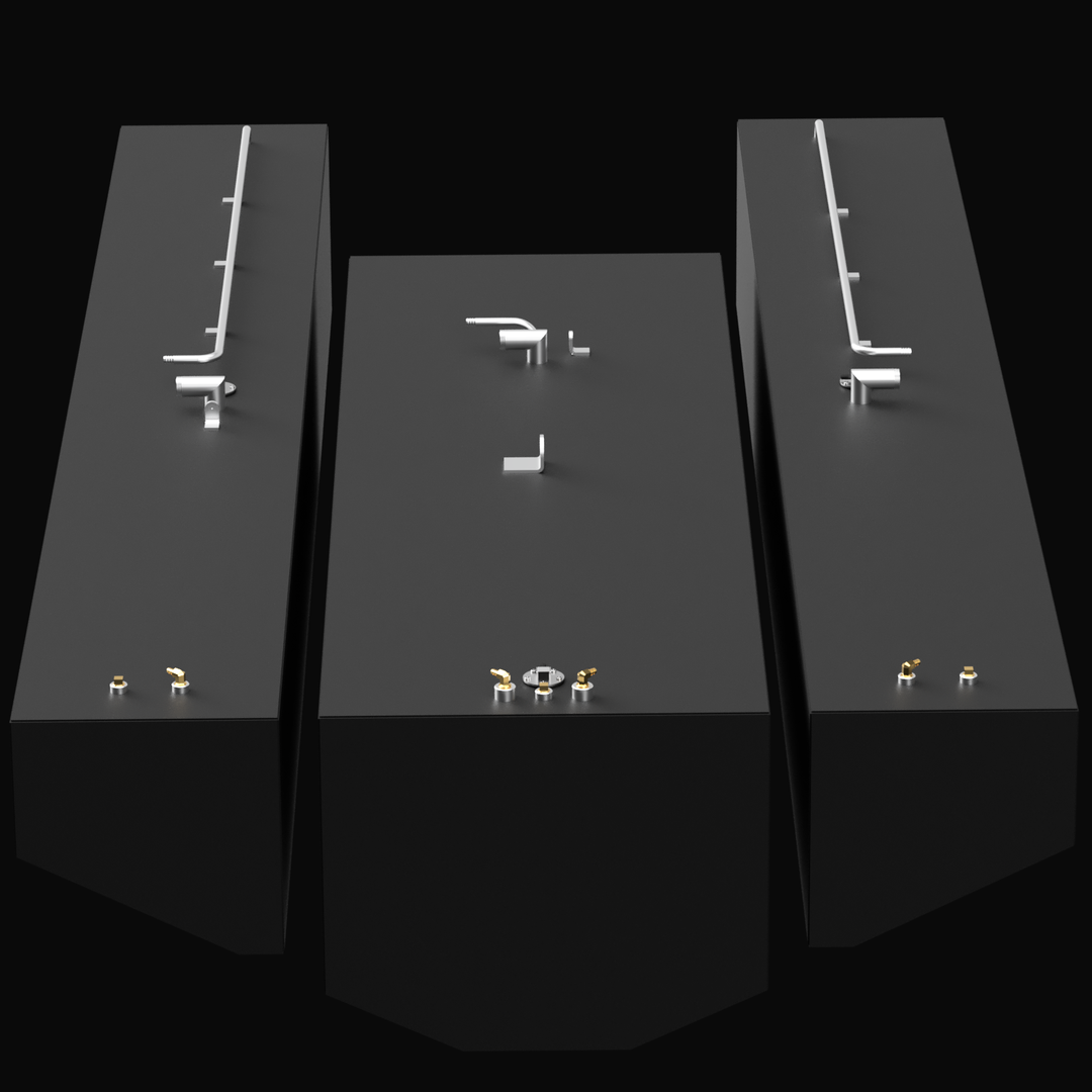 Top-down 3D view of three black rectangular fuel tanks arranged side by side against a black background. Each tank has metallic fittings on top, with the two outer tanks having long white rails, and the middle tank having multiple small fittings including a circular plate. The text overlay at the bottom reads: "Contender 33T Fuel Tank Mod SET(NO WATER + EXTENDED MAIN) 485 gal
