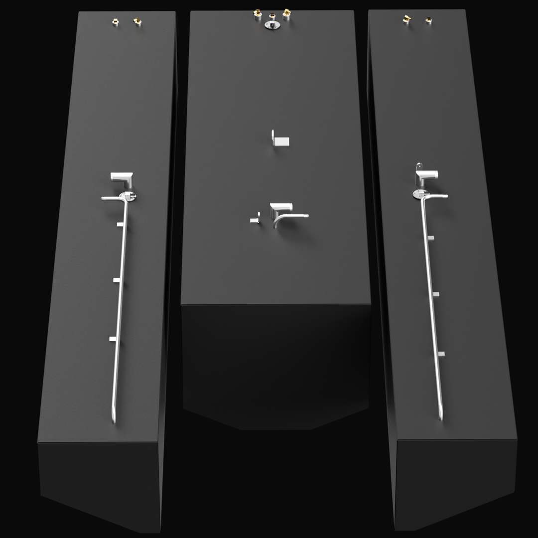 A top-down view of three rectangular black fuel tanks arranged side by side on a black background. The left and right tanks are narrow and long with silver rails attached along their lengths. The middle tank is wider with a few fittings arranged on top, including a curved silver pipe and a rectangular bracket