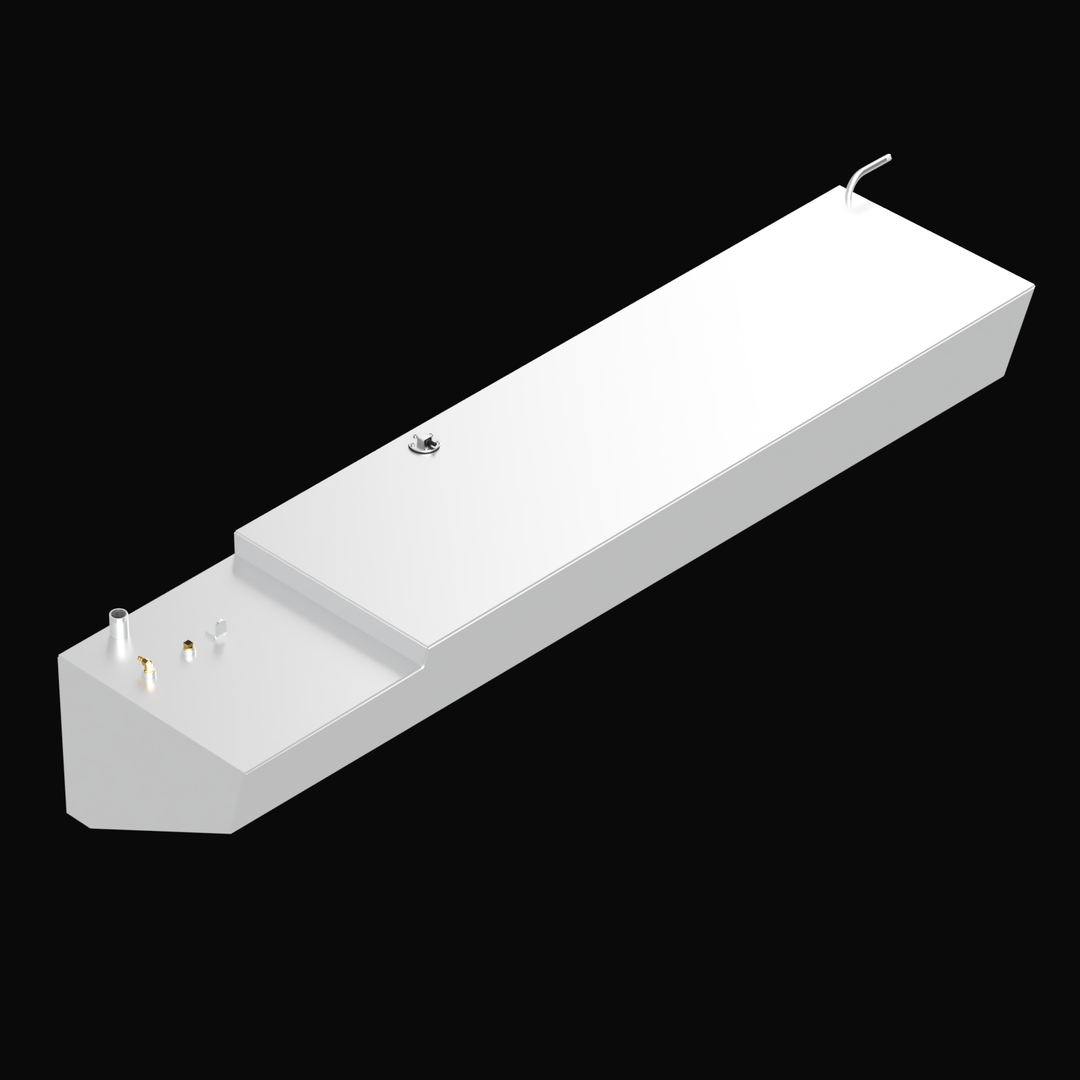 A white rectangular fuel tank with labeled capacities for a Contender 35 Cabin, showing 116 gallons on the port side and 116 gallons on the starboard side. The tank has various fittings and connectors on the top surface, and a curved pipe or vent extending from one end. The background is black