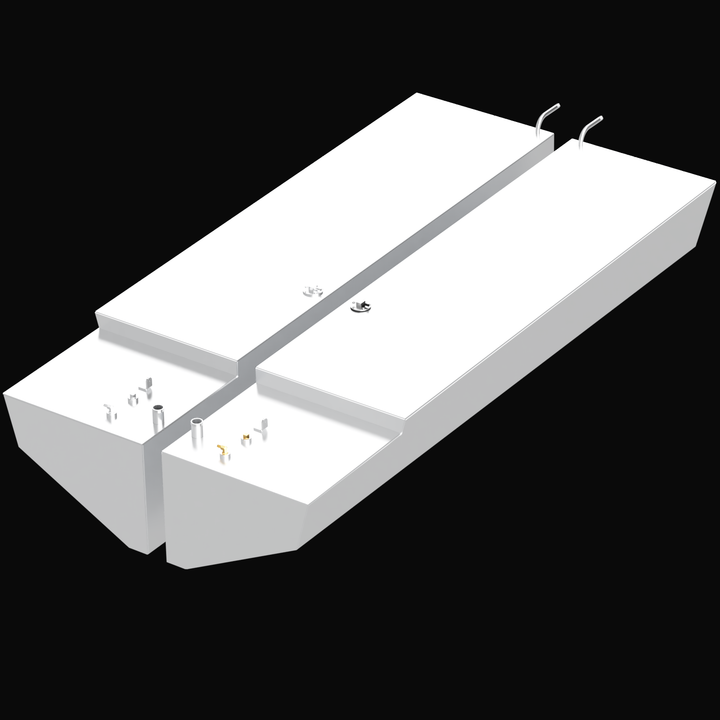A 3D rendering of two white rectangular fuel tanks labeled for a Contender 35 Cabin, each with a capacity of 116 gallons for port and starboard sides. The tanks have various fittings, pipes, and connectors on top, with a black background highlighting their details