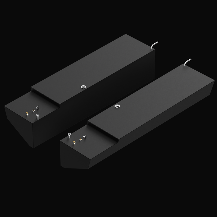 Two black rectangular fuel tanks labeled for a Contender 35 Cabin, with the left tank holding 116 gallons on the port side and the right tank holding 116 gallons on the starboard side. Each tank has fittings and connectors on the top surface