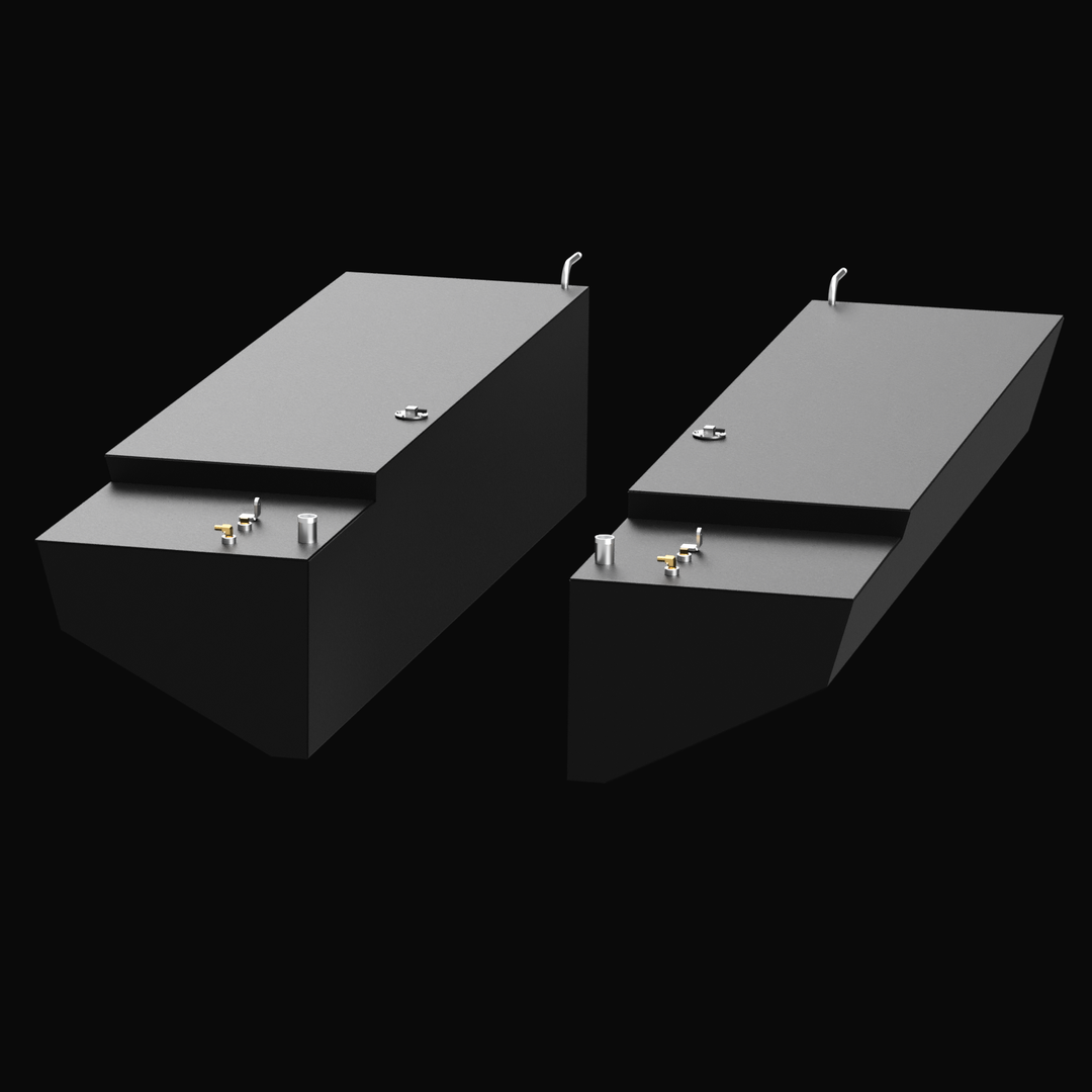 Two black rectangular fuel tanks labeled for a Contender 35 Cabin, each with a capacity of 116 gallons on the port and starboard sides. The tanks have various fittings and connectors on top, with measurements indicating dimensions of 92 inches in length, 23 inches in width, and 19 3/4 inches in height. The background is black, and the tanks are shown from an angled top view