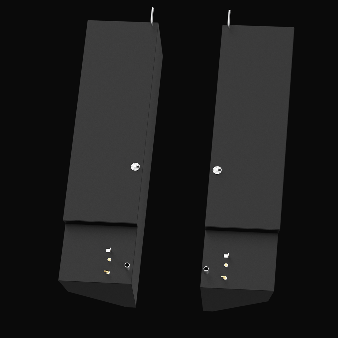 Two black rectangular fuel tanks labeled for a Contender 35 Cabin, each with a capacity of 116 gallons for port and starboard sides. The tanks are shown from an angled top view, with various fittings and connectors on the lower front side, and a wire loop at the top for hanging or mounting. The background is black