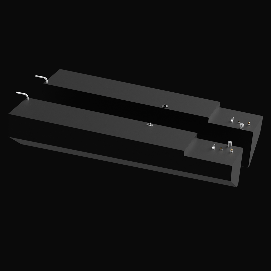 Two black rectangular fuel tanks labeled for a Contender 35 Cabin, each with a capacity of 116 gallons for port and starboard sides. The tanks are shown from an angled top view, featuring various fittings, connectors, and mounting points on the surface. The background is black, highlighting the tanks' details