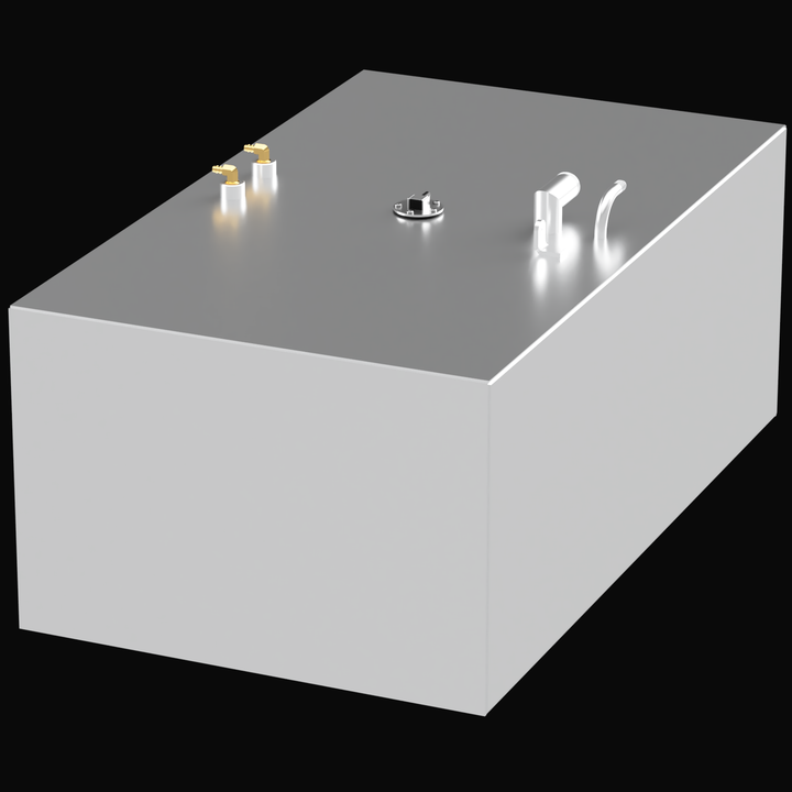A rectangular, metallic fuel tank with various fittings and valves on the top surface, labeled for a Contender 35 Express 1996 The tank has a smooth, silver finish and is set against a black background