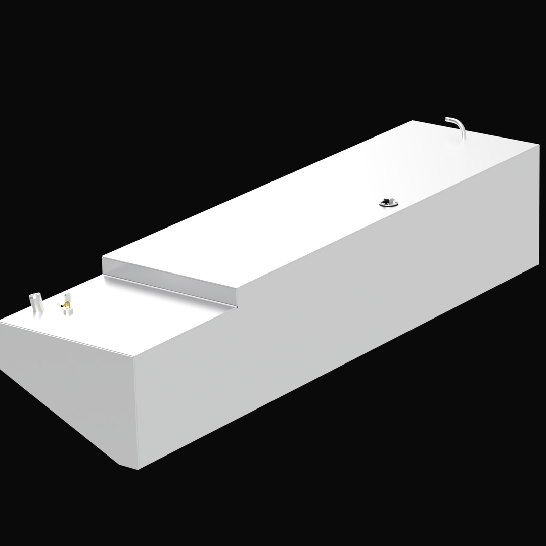 A large, rectangular fuel tank with multiple compartments. The center compartment holds 87 gallons, the port side compartment holds 114 gallons, and the starboard side compartment holds 114 gallons. The tank is made of metal, with a curved pipe on the top right corner and various fittings on the surface