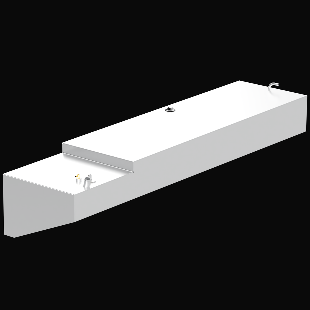 A large, rectangular fuel tank divided into three sections. The center section holds 87 gallons, the port side section holds 114 gallons, and the starboard side section holds 114 gallons. The tank is made of metal with fittings and pipes on top, designed for a Contender 35 Express 1996
