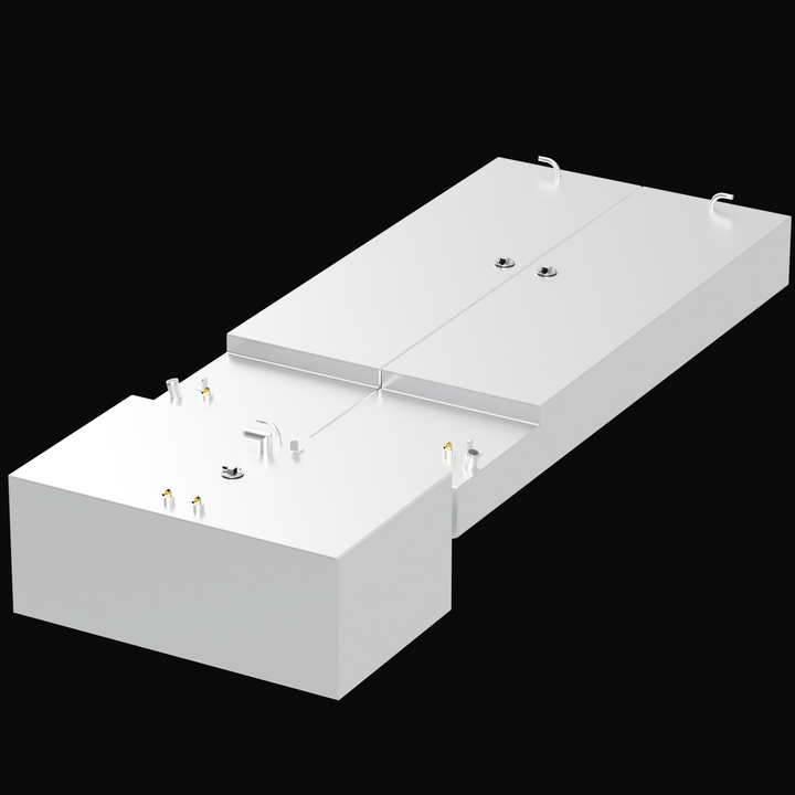 A white, rectangular fuel tank with various fittings and attachments on its surface, designed for a Contender 35 Express 1996 model with a capacity of 114 gallons. The tank appears to be made of metal and has a smooth surface with multiple connection points