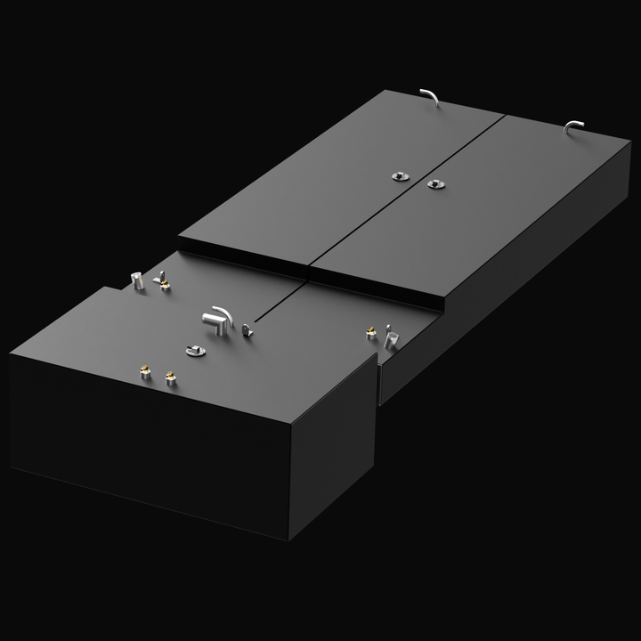 A black rectangular fuel tank with multiple fittings, valves, and pipes on the top surface, labeled for a Contender 35 Express 1996 model with a capacity of 102 gallons