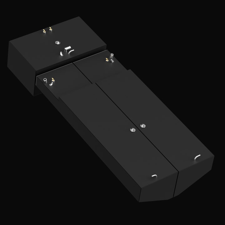 Alt text: A black, rectangular fuel tank with multiple compartments. The center compartment holds 87 gallons, and the port and starboard compartments each hold 114 gallons. The tank has various fittings and valves on its surface, designed for a Contender 35 Express 1996.