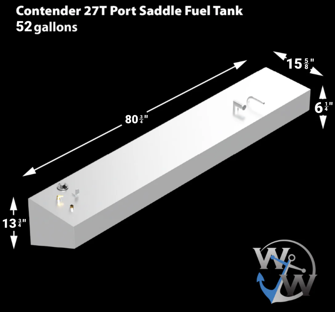 Contender 27t 52-gallon port saddle fuel tank for commercial trucks, aluminum construction with side mounting