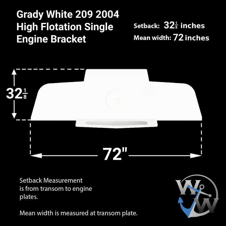 Diagram of a Grady White 209 2004 High Flotation Single Engine Bracket, featuring a setback measurement of 32.5 inches and a mean width of 72 inches, with dimensions clearly labeled