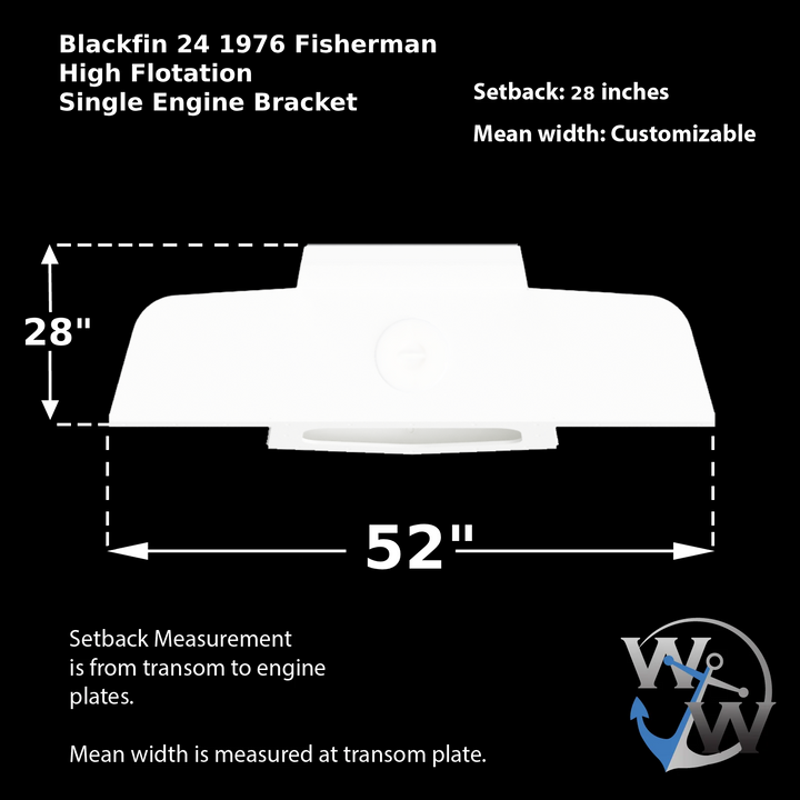 Diagram of a Blackfin 24 1976 Fisherman High Flotation Single Engine Bracket, featuring dimensions of 28 inches in setback and 52 inches in mean width, with a note that mean width is customizable and setback measurement is from transom to engine plates