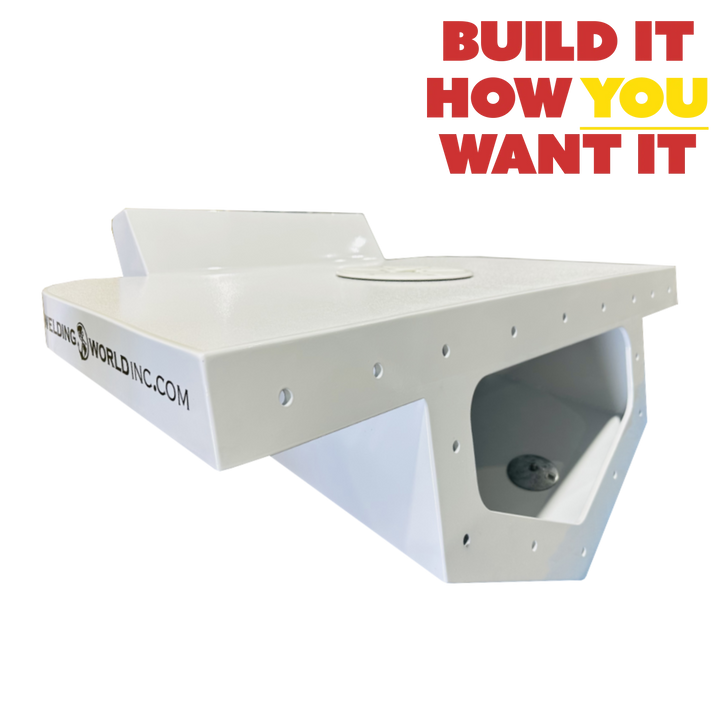 A custom-built high flotation single outboard engine bracket, featuring a sleek white design with a cutout for the engine. The bracket is displayed at an angle, showcasing its sturdy construction and mounting holes. The text overlay reads, "BUILD IT HOW YOU WANT IT," emphasizing customization options. The background is transparent