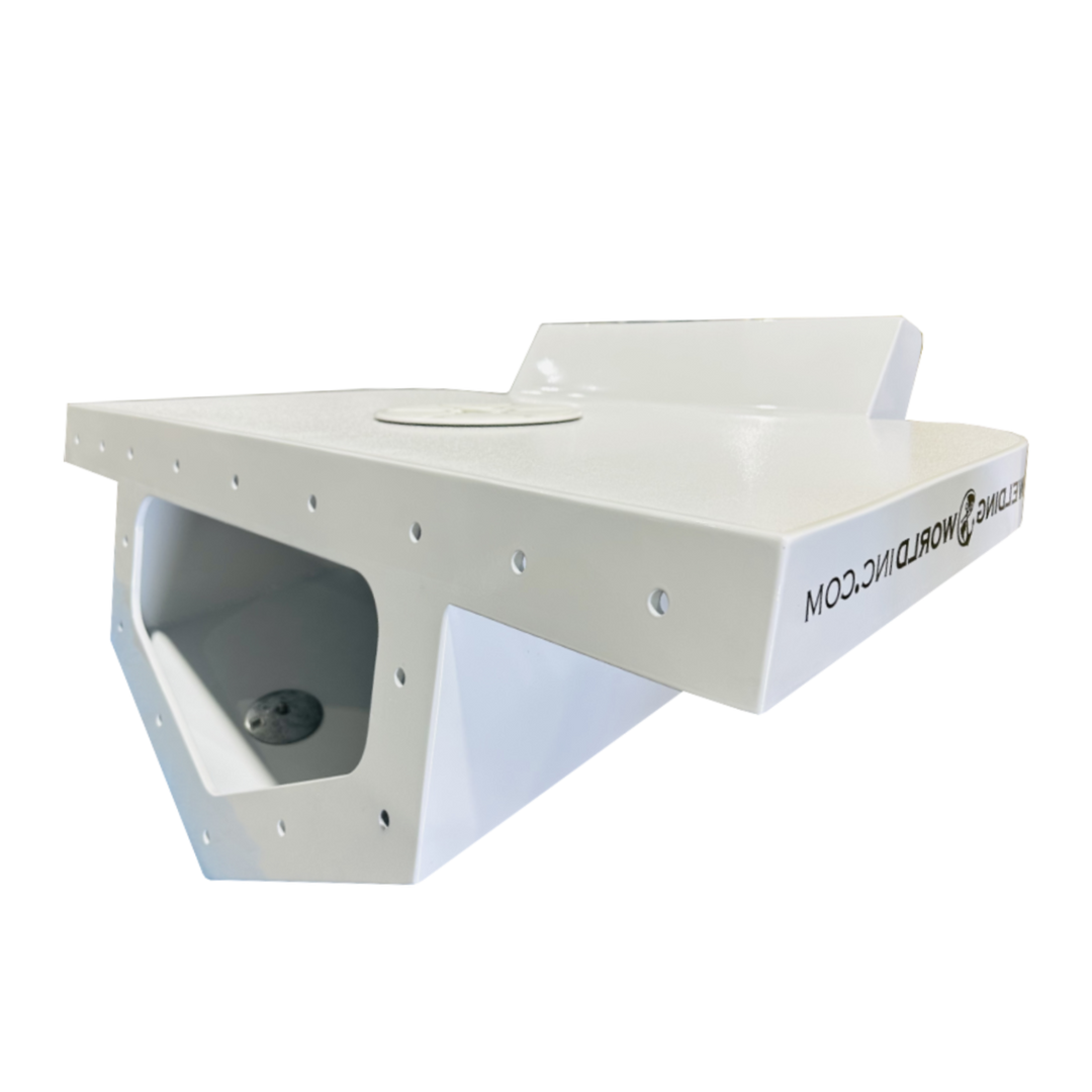 A custom-built high flotation single outboard engine bracket, featuring a sleek white design with a cutout for the engine mount and multiple holes for secure attachment. The bracket is displayed at an angle, showcasing its sturdy construction and modern aesthetic