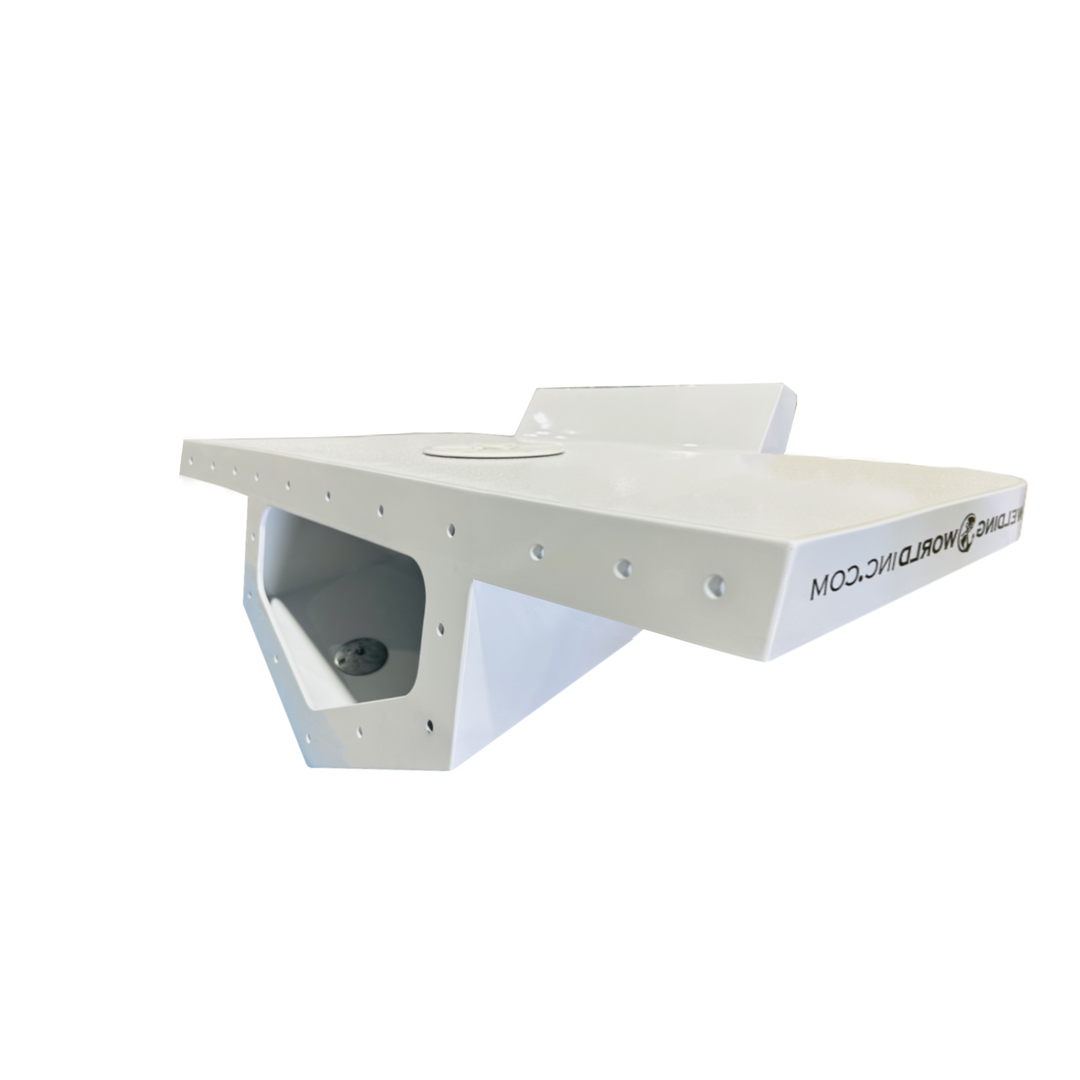 A white high flotation single engine bracket designed for a 1976 Blackfin 24 Fisherman boat, featuring a streamlined shape and a cutout for engine mounting