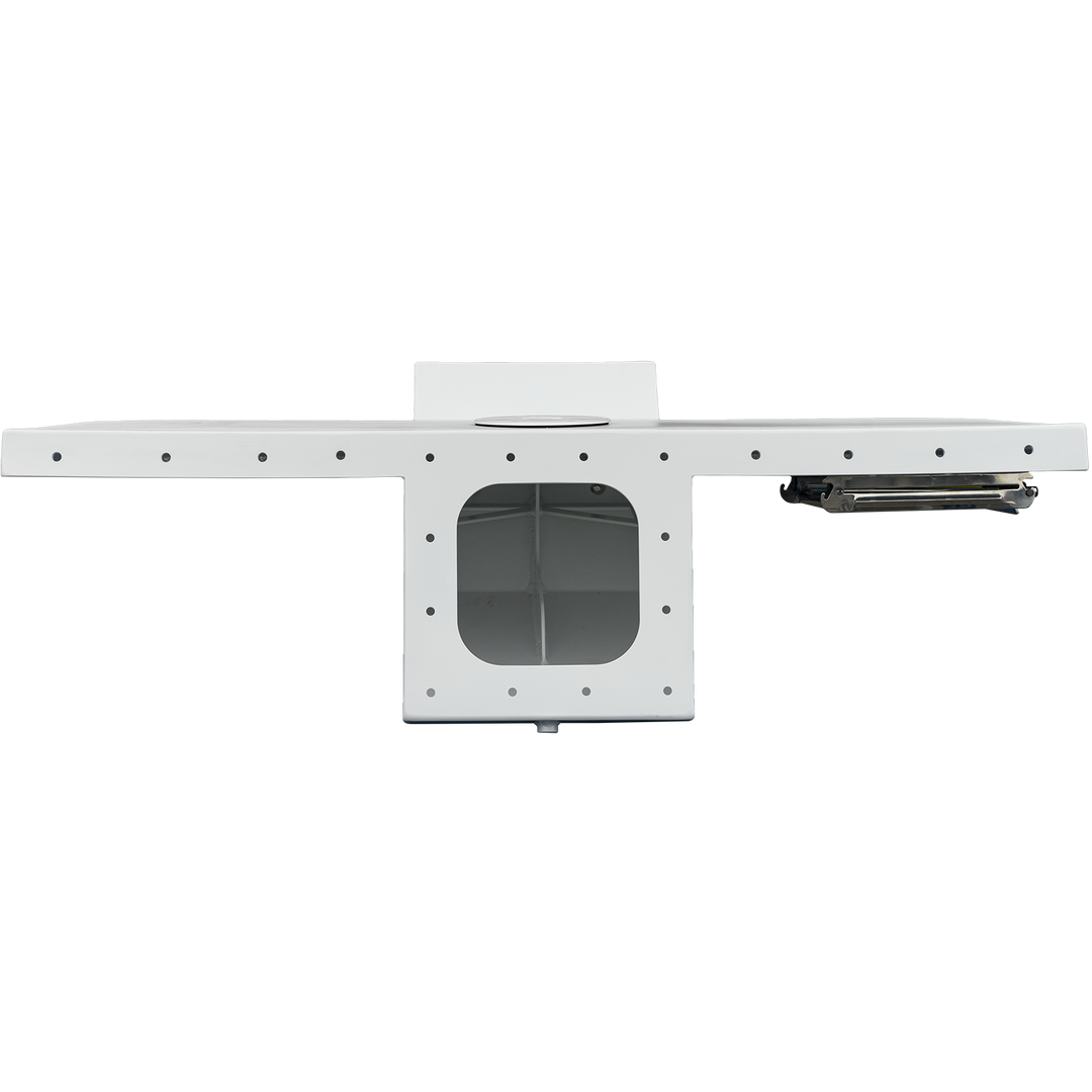 A top view of a Standard Apex Single Engine 16° Transom Bracket, featuring a rectangular cutout in the center and multiple holes along the edges for mounting. The bracket is predominantly white and includes a side attachment. The background is transparent